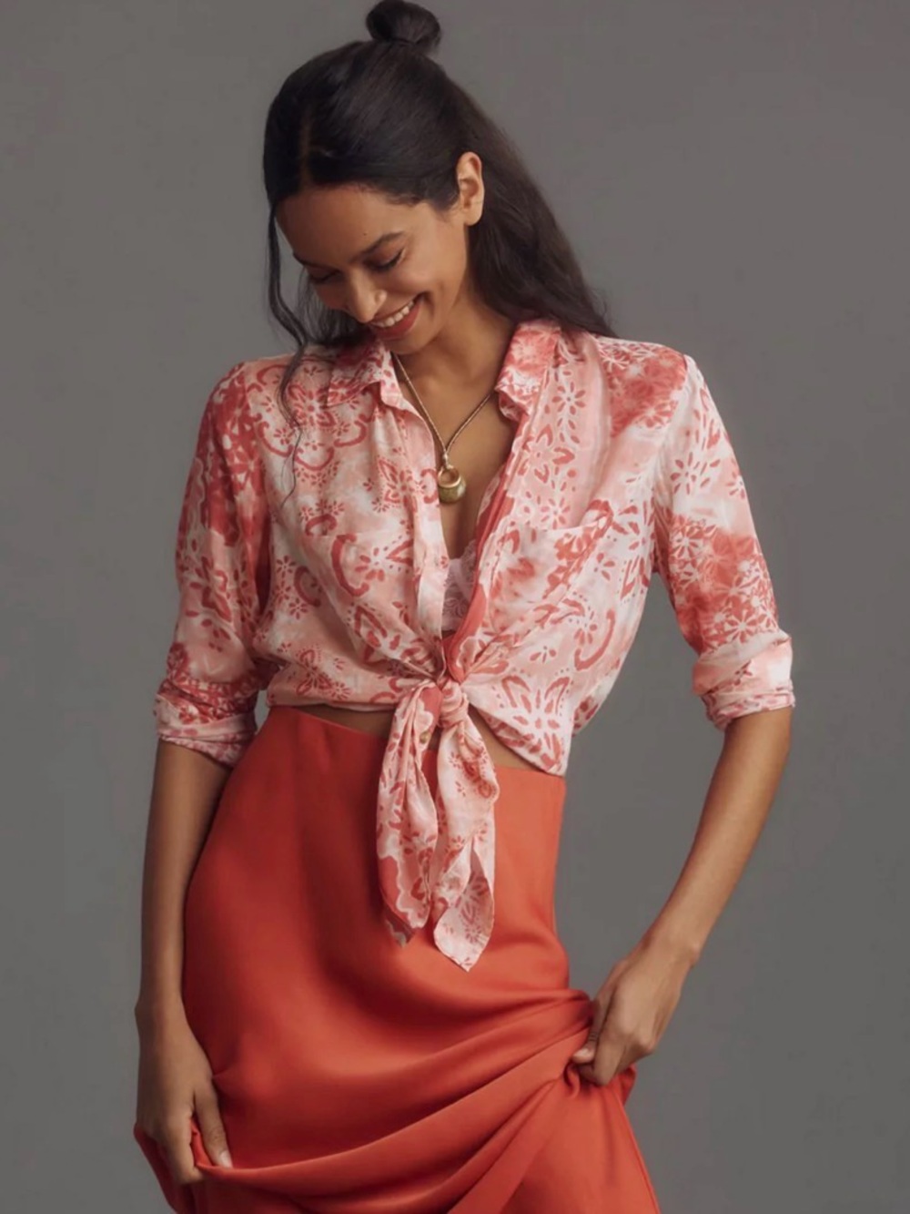 Anthropologie Pilcro Romy Relaxed Button-down blouse coral red floral pattern XL